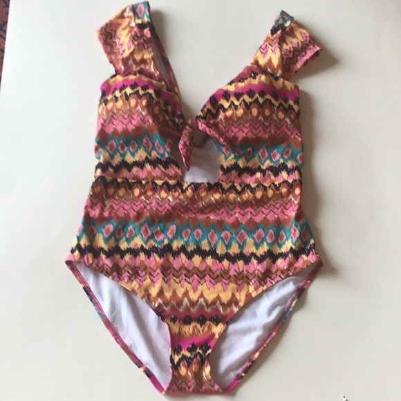 Boden Multicolored Ikat Cutout Cap Sleeve Tie Front Swim Size 10 NWT - Picture 2 of 13